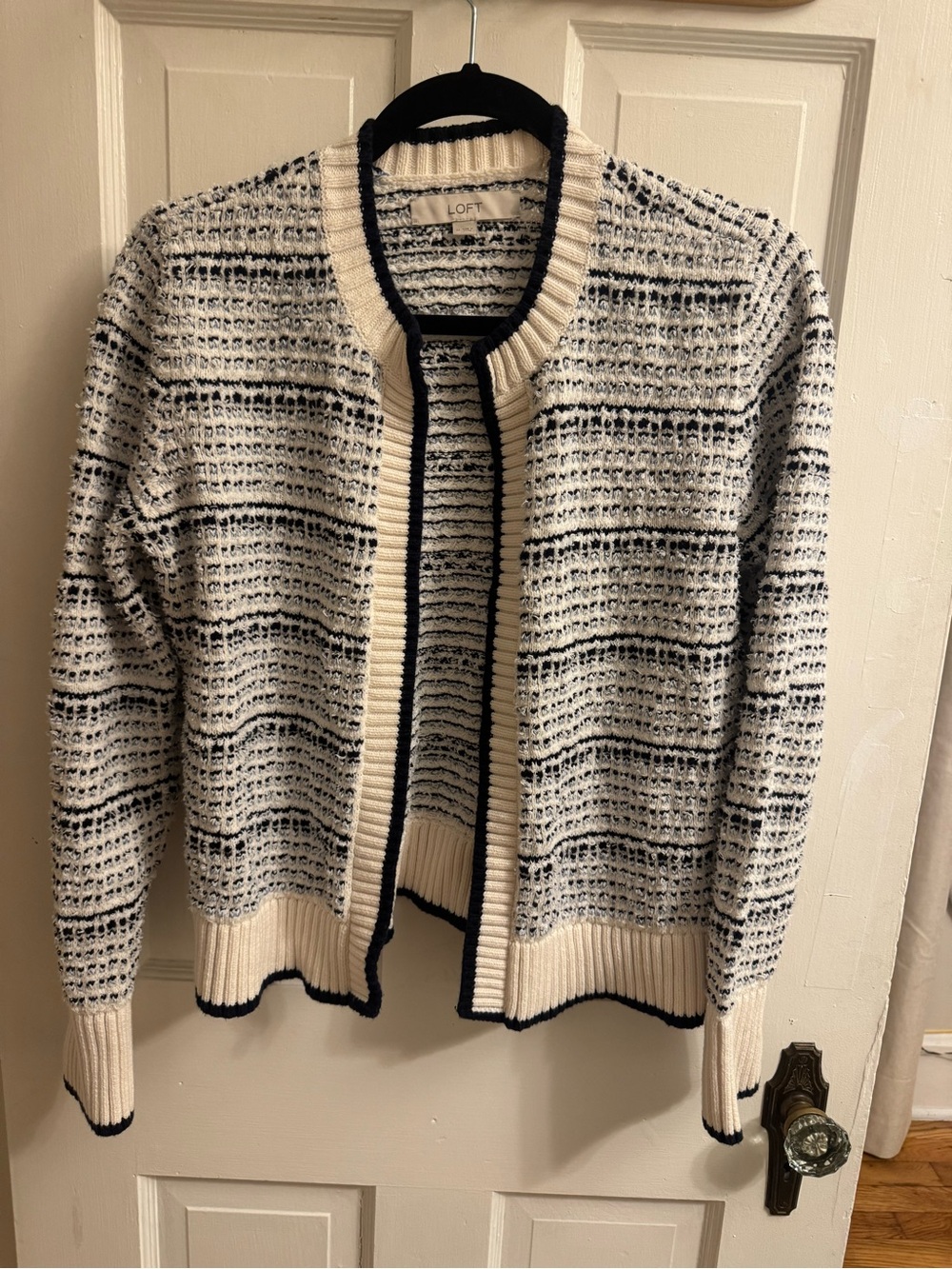 LOFT Cream and Black Open-Front Textured Knit Cardigan